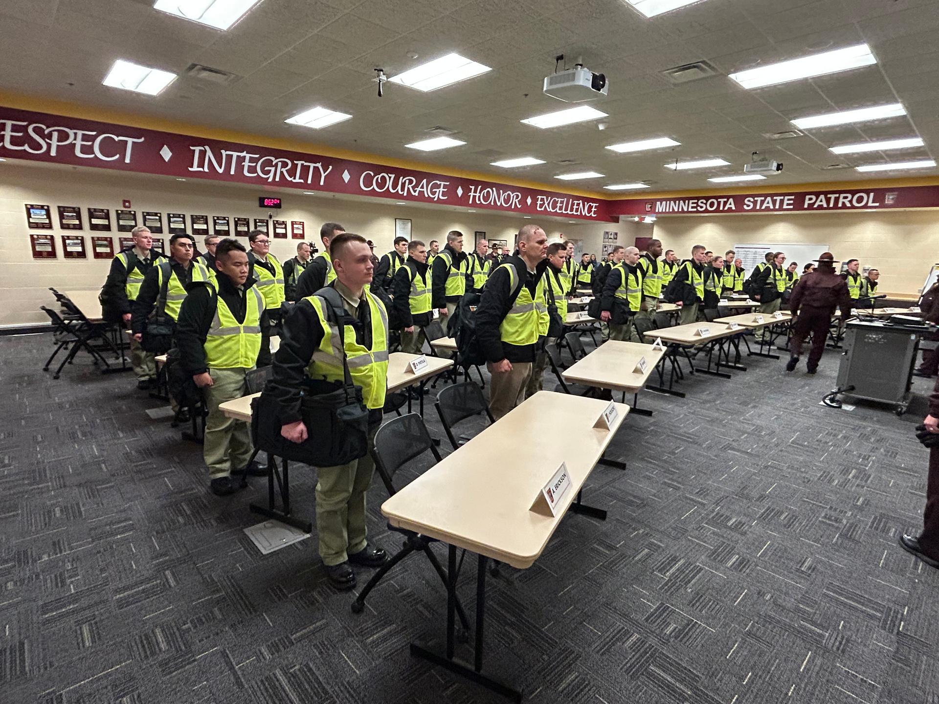 Photo of trroper academy cadets in a classroom at Camp Ripley